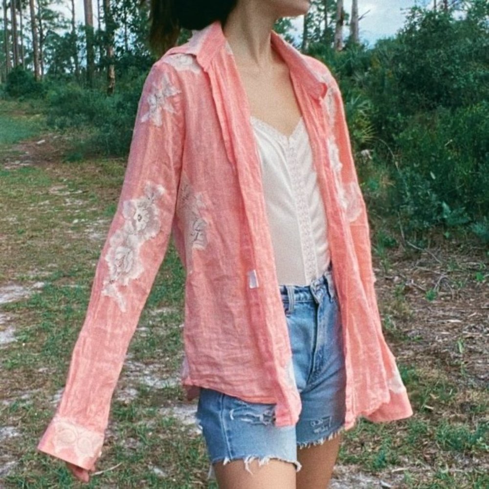 Vintage Orange Linen Floral Lace Button Down Blouse - Picture 9 of 11